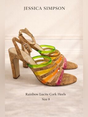 Jessica Simpson Aveesha Cork Heel Rainbow Lucite Strap Sandals Size 8